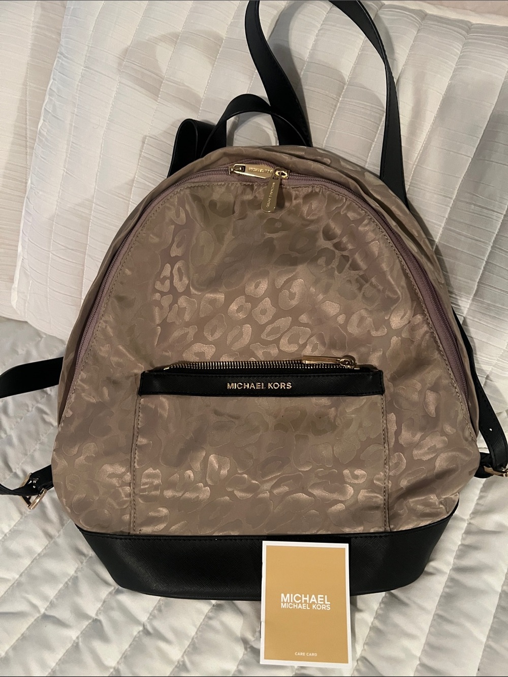 Michael Kors Taupe Leopard Jacquard Backpack with Black Trim